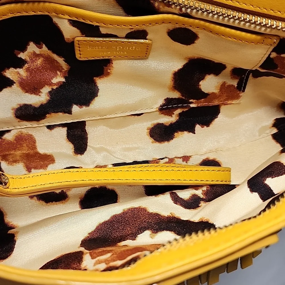 Kate Spade dark yellow fringe leather hippie boho soho clutch wristlet handbag‎